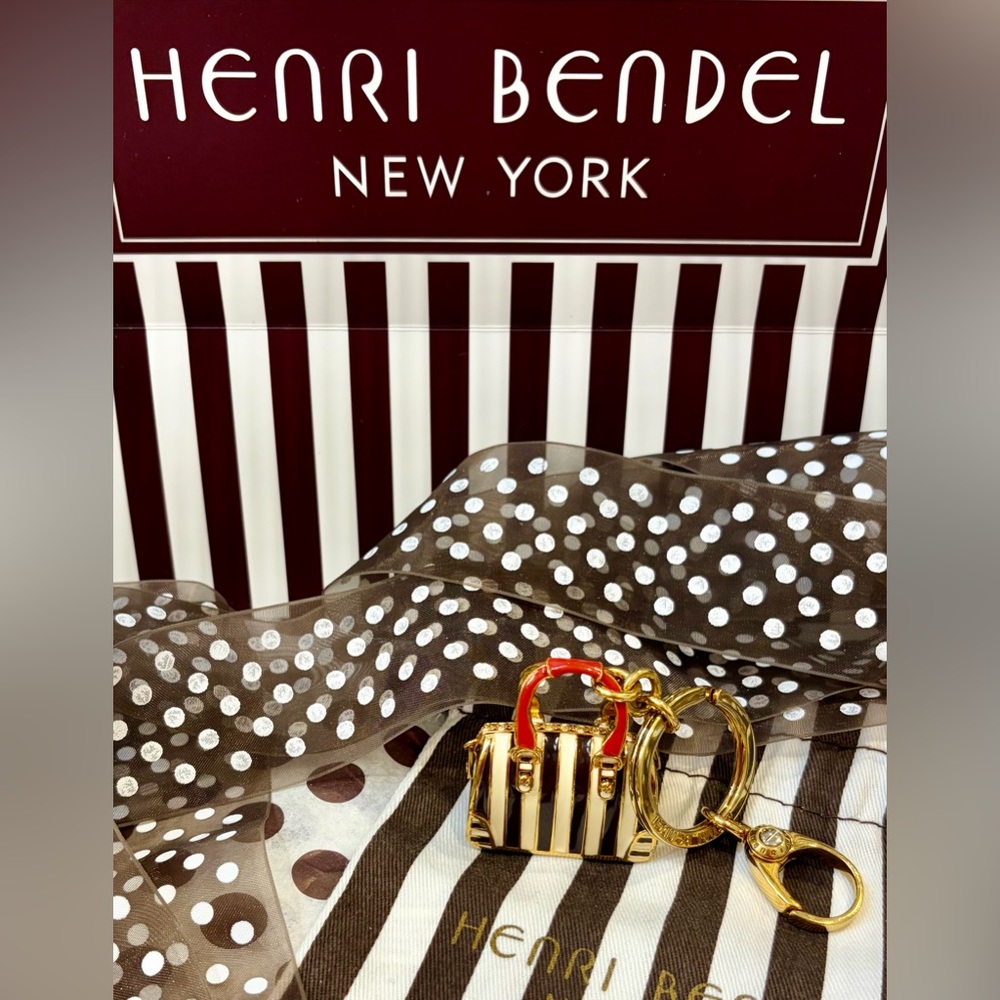 NWOT HENRI BENDEL Gold & Brown Stripe Mini Bag Keychain with Red Handle - Picture 4 of 14